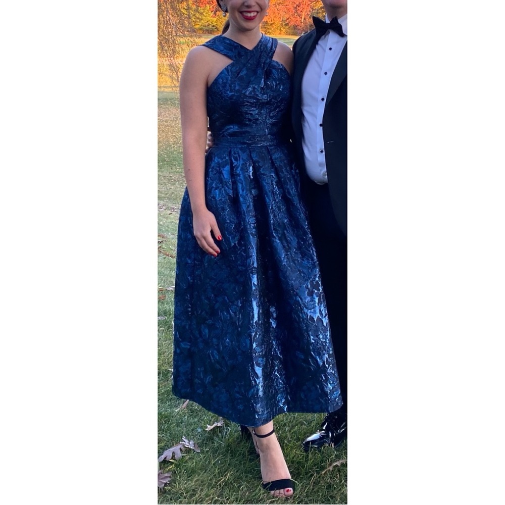 SHOSHANNA Criss Cross Neck Metallic Jacquard Dress in Midnight Size 4